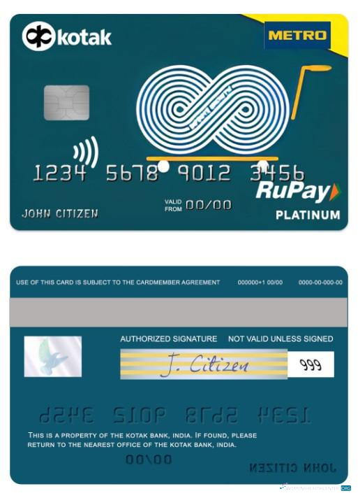 Download India Kotak Bank Metro Cash & Carry RuPay platinum card Photoshop template